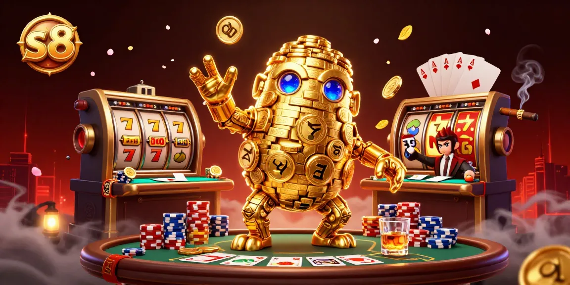 Engage in exhilarating s8 casino gameplay with golden golem surrounded by lively slot machines and poker elements.