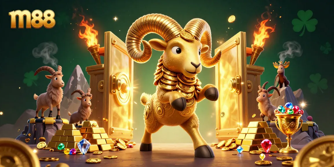 Bet on m88 with a golden ram charging through a treasure vault surrounded by riches and excitement.