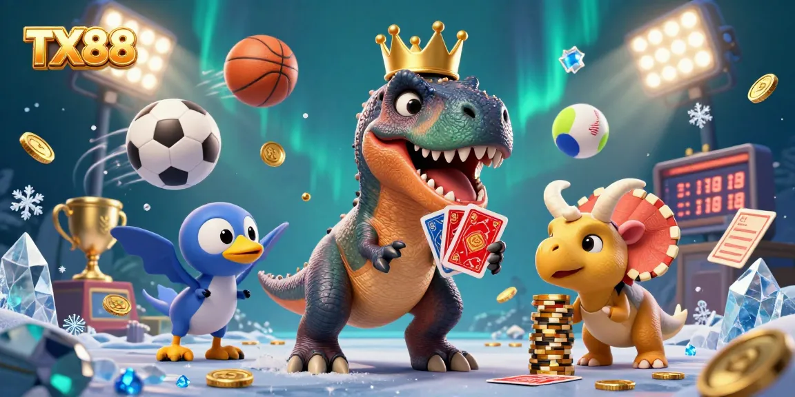 TX88 players enjoying an animated casino scene with dinosaurs and sports elements, fostering excitement in gaming.