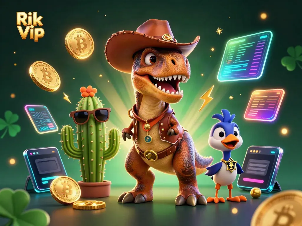 Join the action at Rik Vip with cartoon characters amid Bitcoin coins, capturing thrilling casino moments.