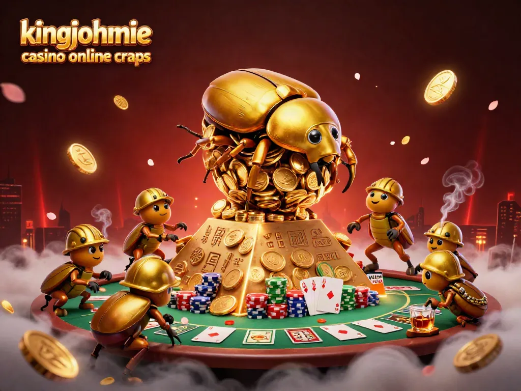 Roll the dice with kingjohnnie casino online craps as golden beetles bring luck amidst vibrant casino elements.
