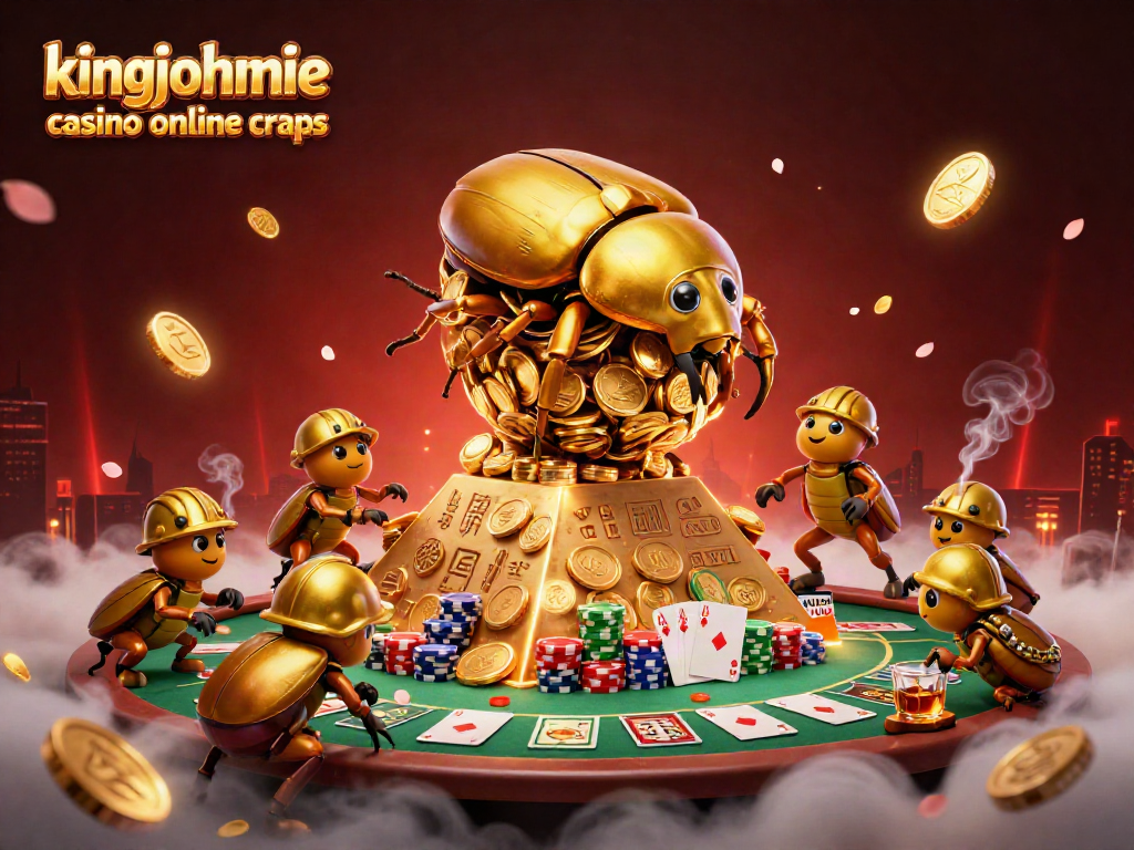 Roll the dice with kingjohnnie casino online craps as golden beetles bring luck amidst vibrant casino elements.