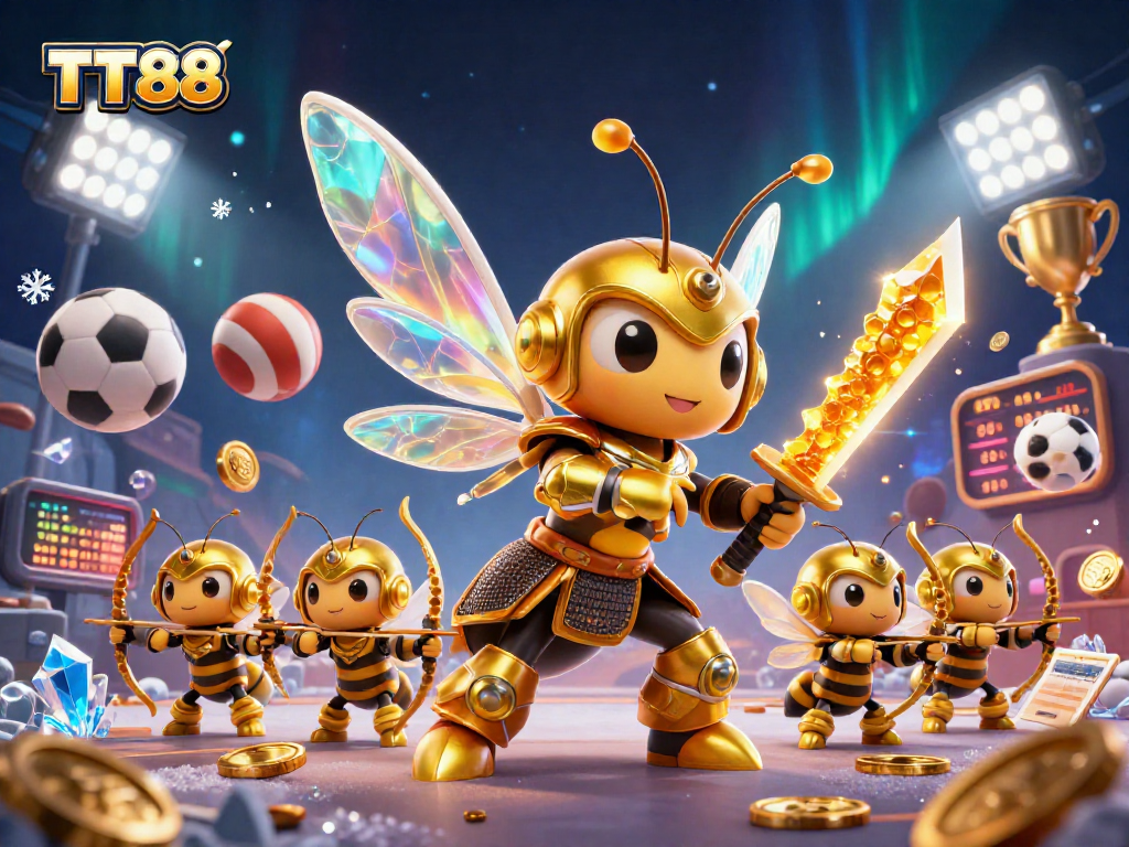 TT88 entertains players with a dynamic casino-themed illustration featuring golden hornet warriors and sports elements.