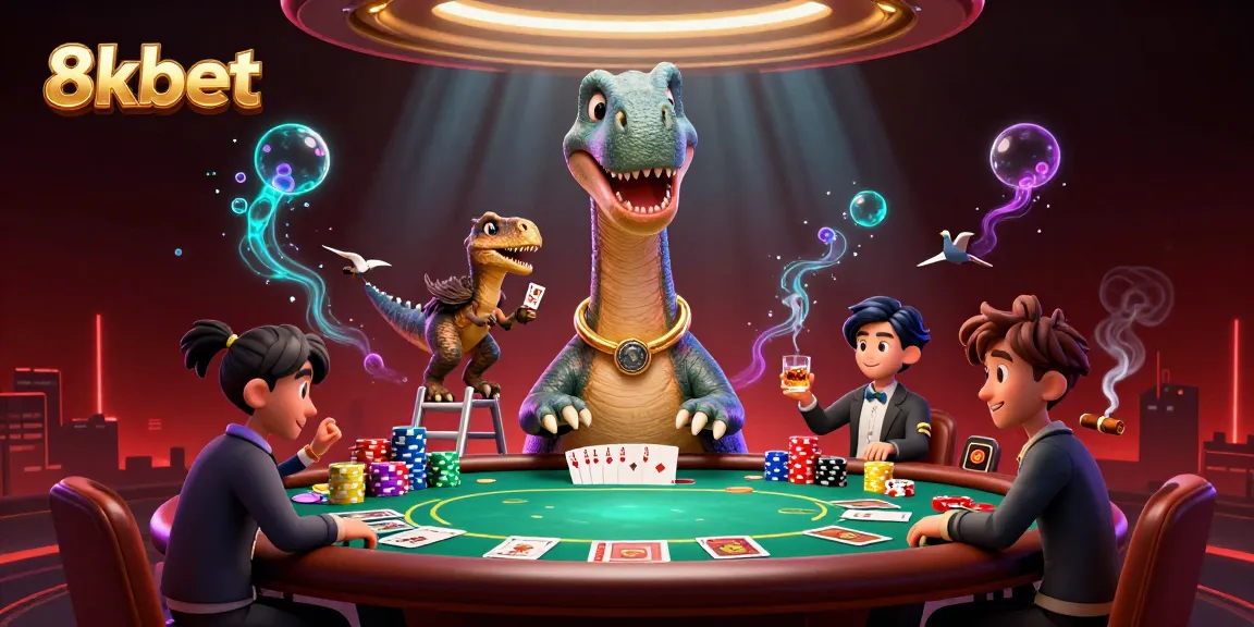 Play poker with 8xbet's engaging characters in a vibrant casino scene featuring a giant brontosaurus.