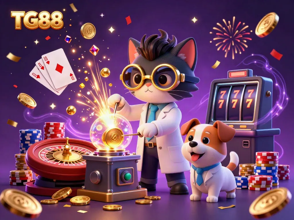 Experience the excitement at TG88 casino with a vibrant illustration showcasing animated characters and gambling elements.