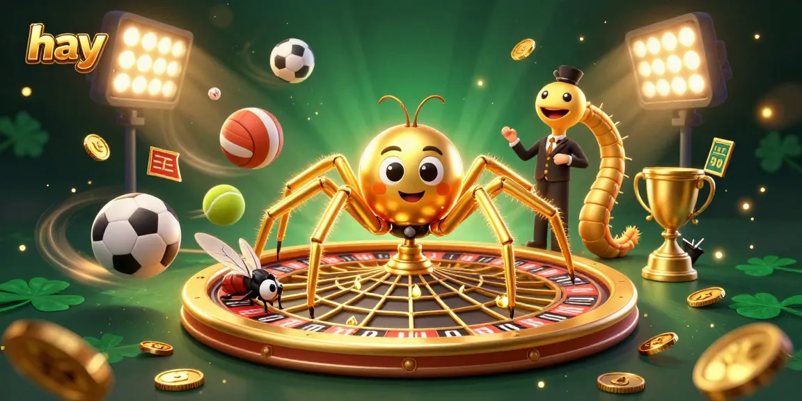 Experience hay betting action with a lively scene of a spider web roulette and exciting sports elements.