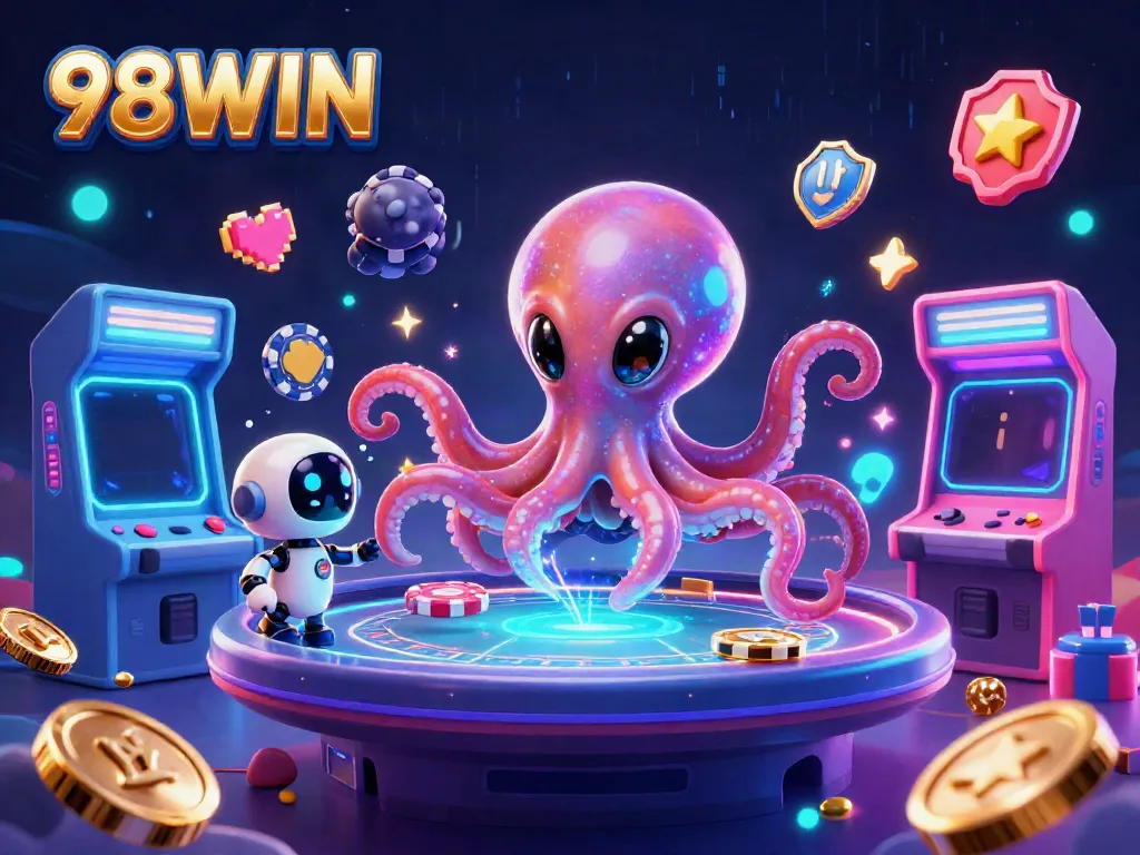 Engage with the vibrant 98WIN casino scene, showcasing an alien octopus at a holographic poker table surrounded by dynamic arcade elements.