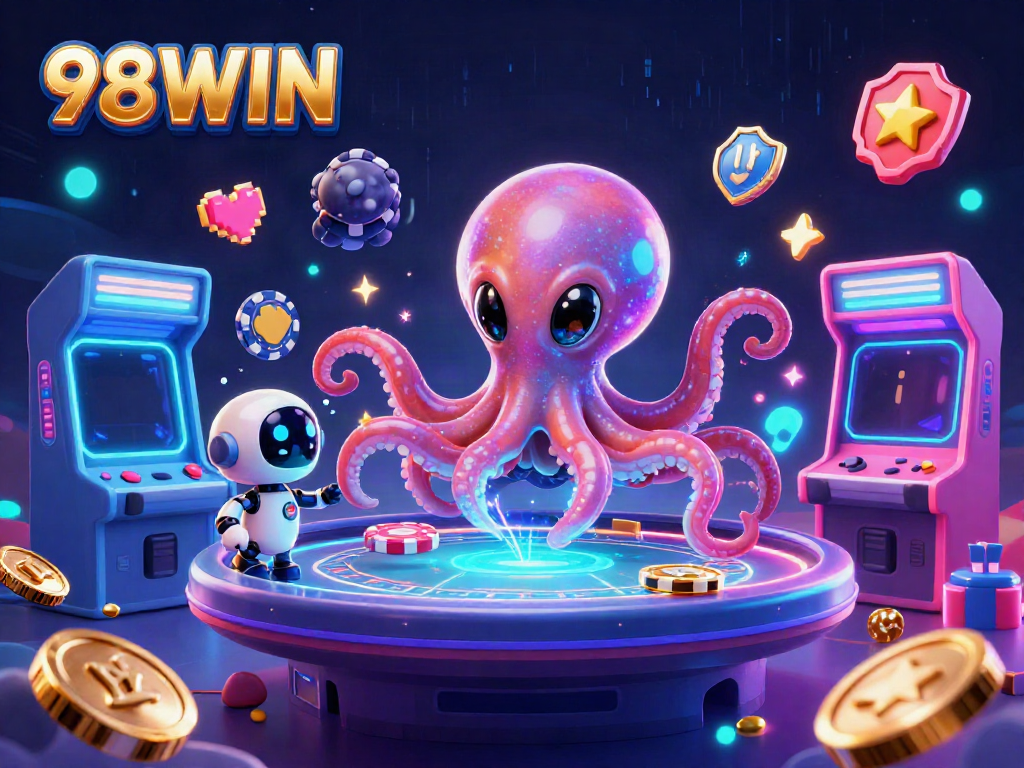 Engage with the vibrant 98WIN casino scene, showcasing an alien octopus at a holographic poker table surrounded by dynamic arcade elements.