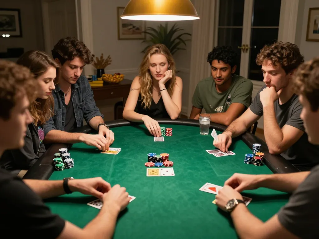 Players enjoying a poker night at home with 98win, focusing on strategy and camaraderie.