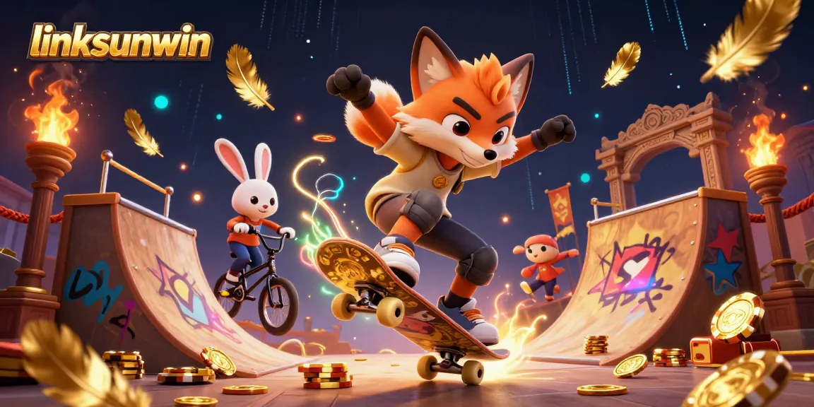 Experience the thrill of linksunwin with a lively scene of a skateboarder fox and BMX rabbit amid casino vibes.