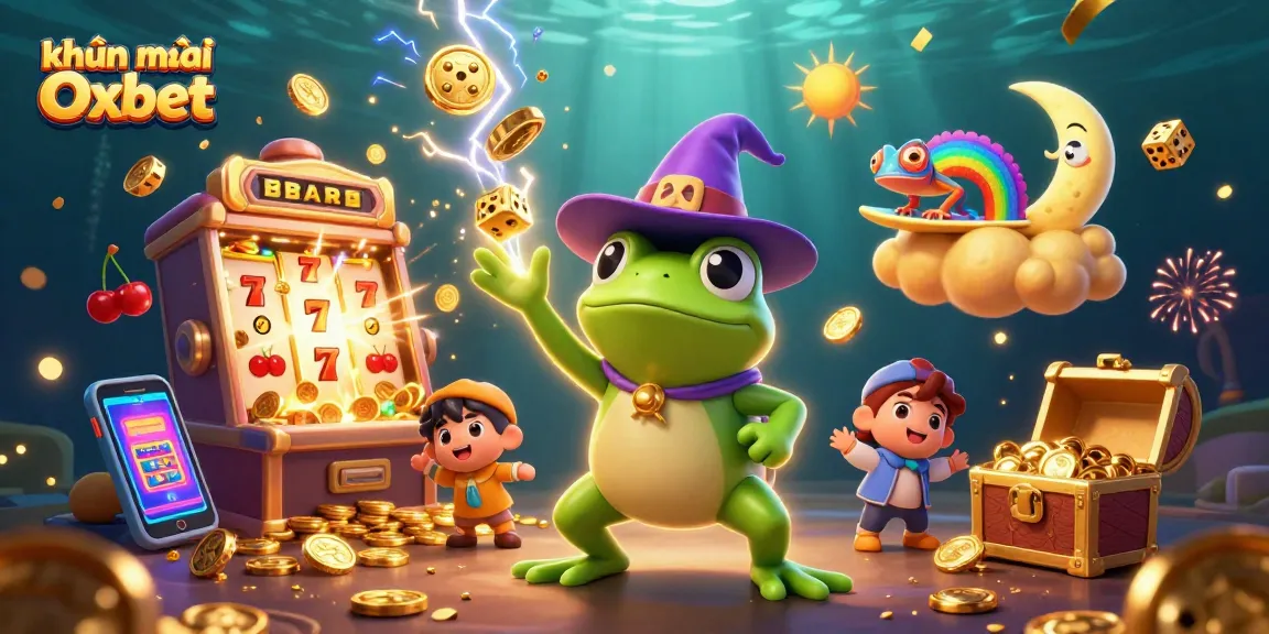 Experience khuyến mãi Oxbet with a dynamic 3D scene, featuring a weather wizard frog and vibrant game elements.