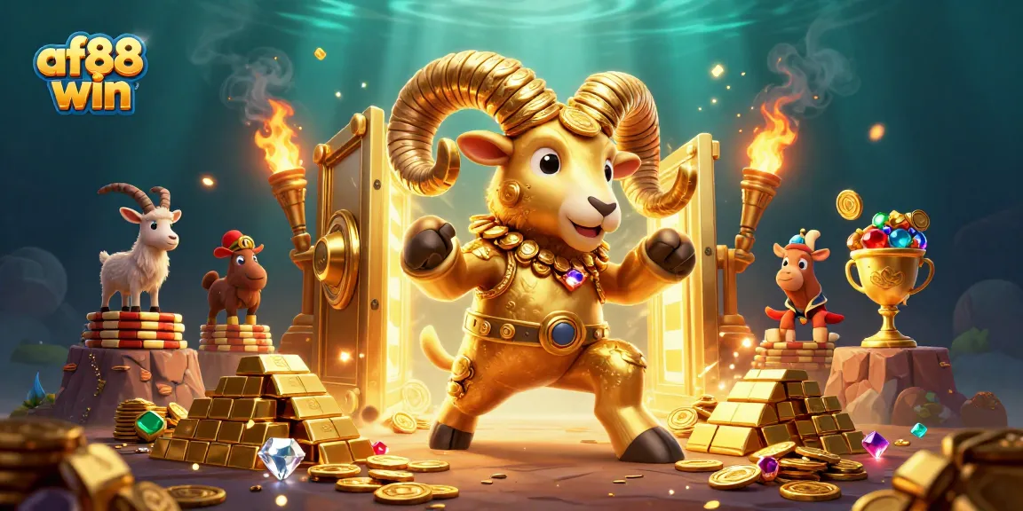 Win big with af88 win: A dynamic scene showcasing a golden ram charging through a treasure vault!