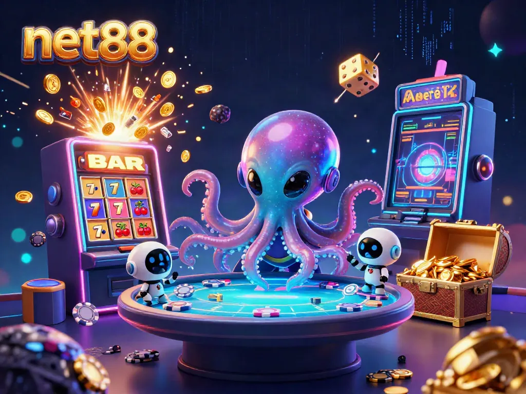 Engage with net88's thrilling casino offerings in a vibrant 3D digital illustration.
