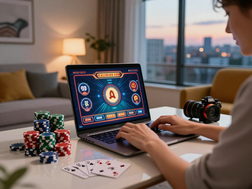 Giocatore di casinò online non aams con laptop, fiches colorate e carte da gioco in un accogliente soggiorno.