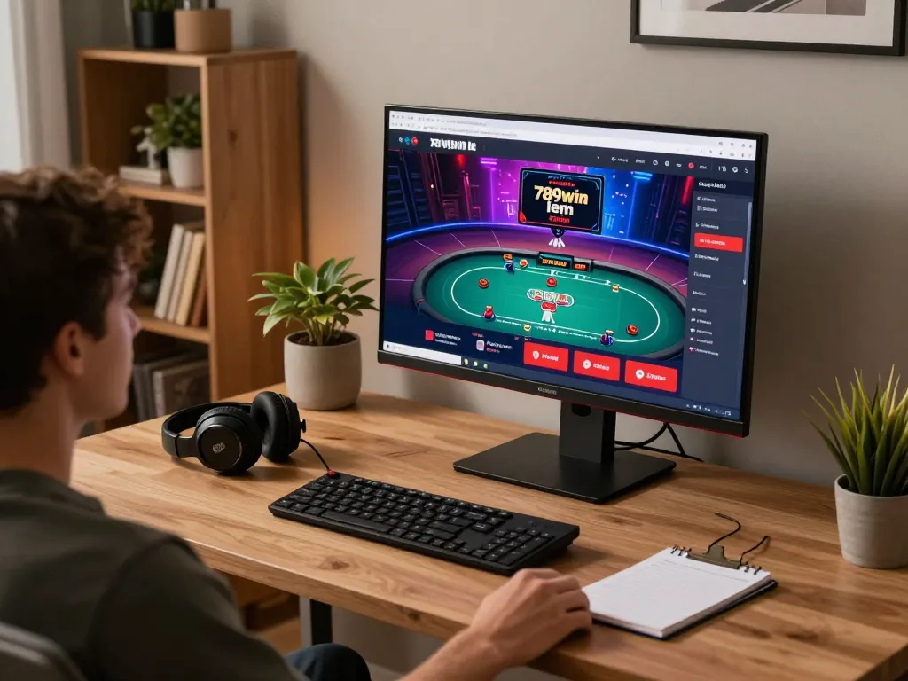 Engaged player enjoying 789winlem poker game on a modern setup with detailed strategy notes.