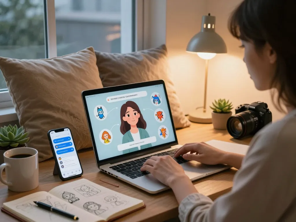 Engaging ai gf chat in a cozy home office, showcasing character designs and interactive elements.