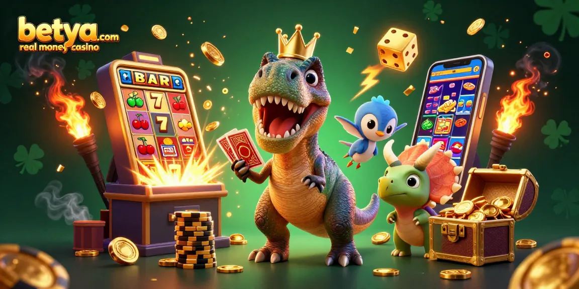 Experience fun at betya.com real money casino with cartoon dinosaurs in a vibrant gaming scene.