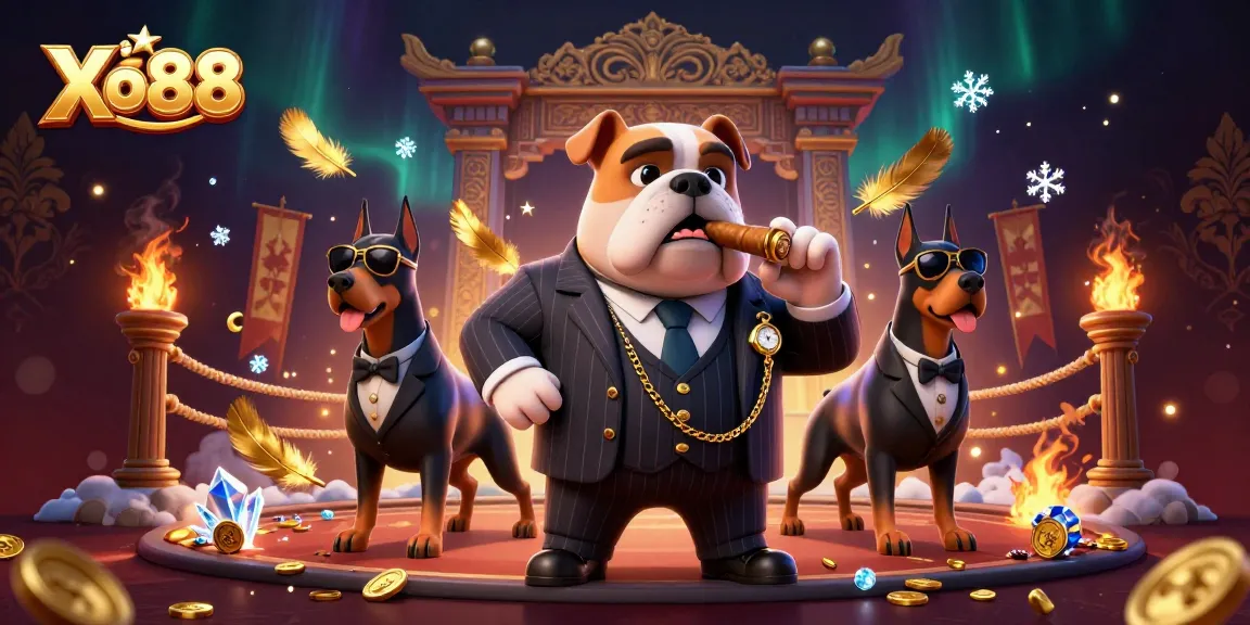 Xo88 showcases a vibrant 3D illustration of a mafia bulldog and bodyguard Dobermans engaged in a casino-themed arena.