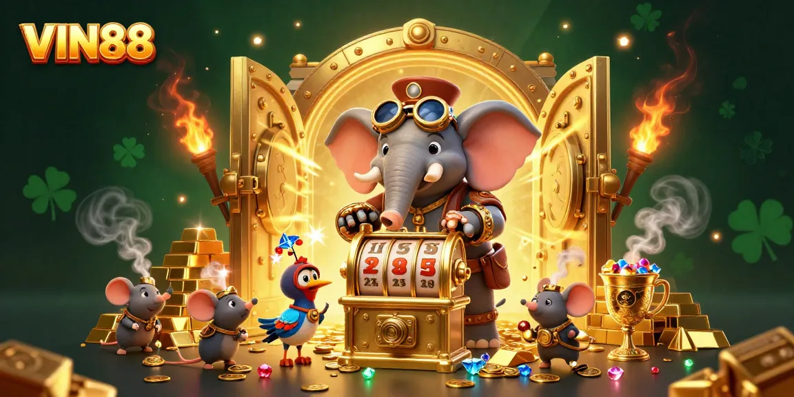 Experience the thrill of VIN88 with a steampunk elephant engineer and golden slot machine surrounded by treasures.