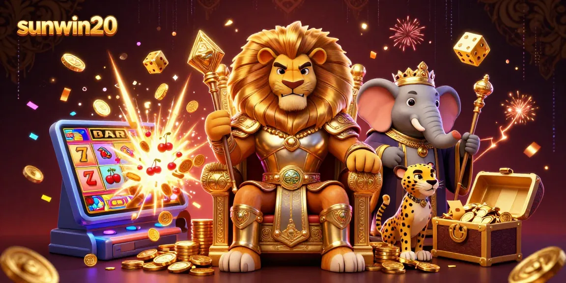 Experience the excitement of sunwin20 with a dynamic casino scene featuring a lion king and vibrant game elements.