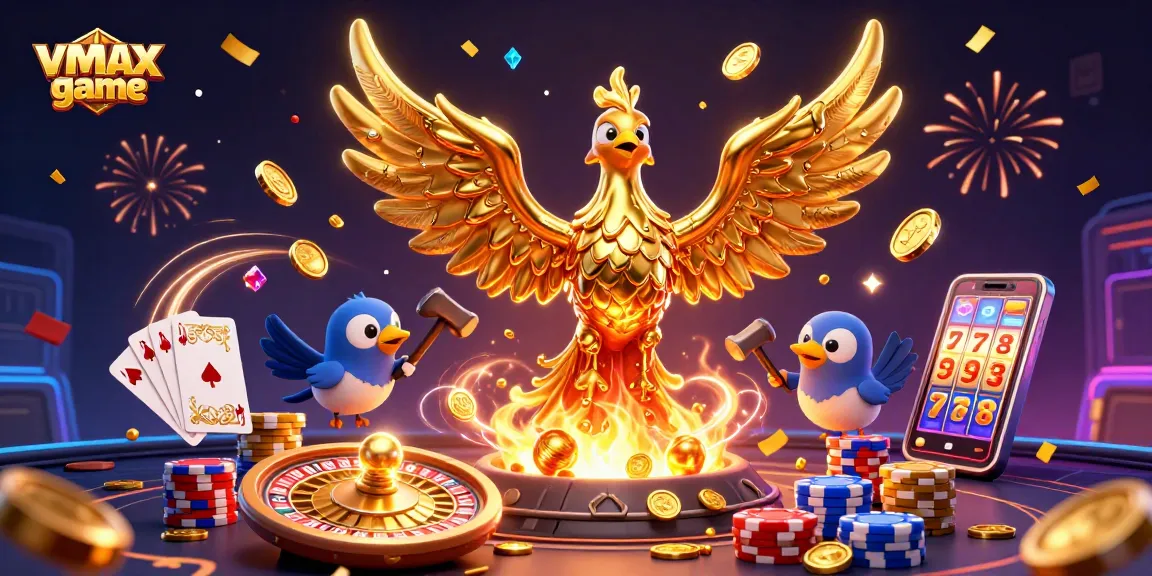 Experience vmax game with a dynamic scene featuring a golden phoenix, coins, and vibrant casino elements.