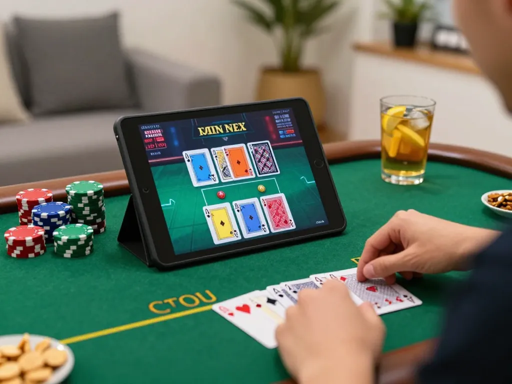 Engaged in live poker on 79win tablet, showcasing immersive online gambling experience.
