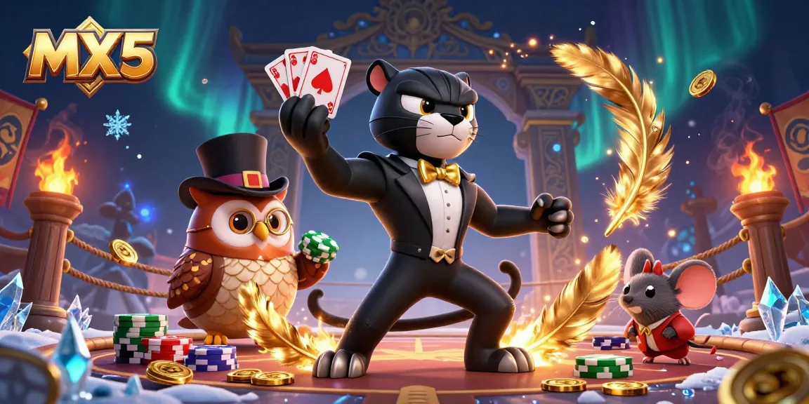 Experience thrilling gaming action with MX5, where stylish characters deal cards surrounded by vibrant casino elements.