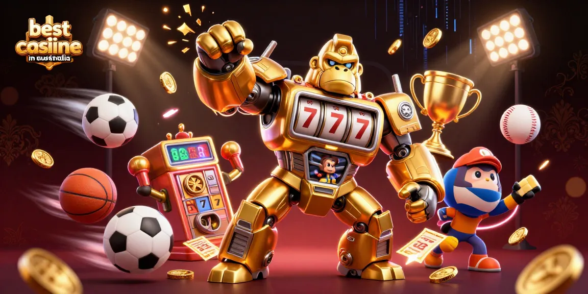Experience the best online casinos in Australia with a dynamic golden gorilla mech bursting with excitement.