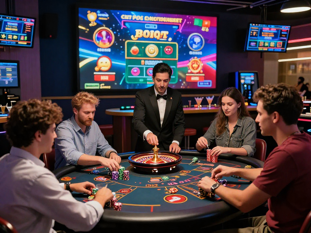 Scene di un casinò online non aams con giocatori entusiasti alla roulette e giochi dal vivo.