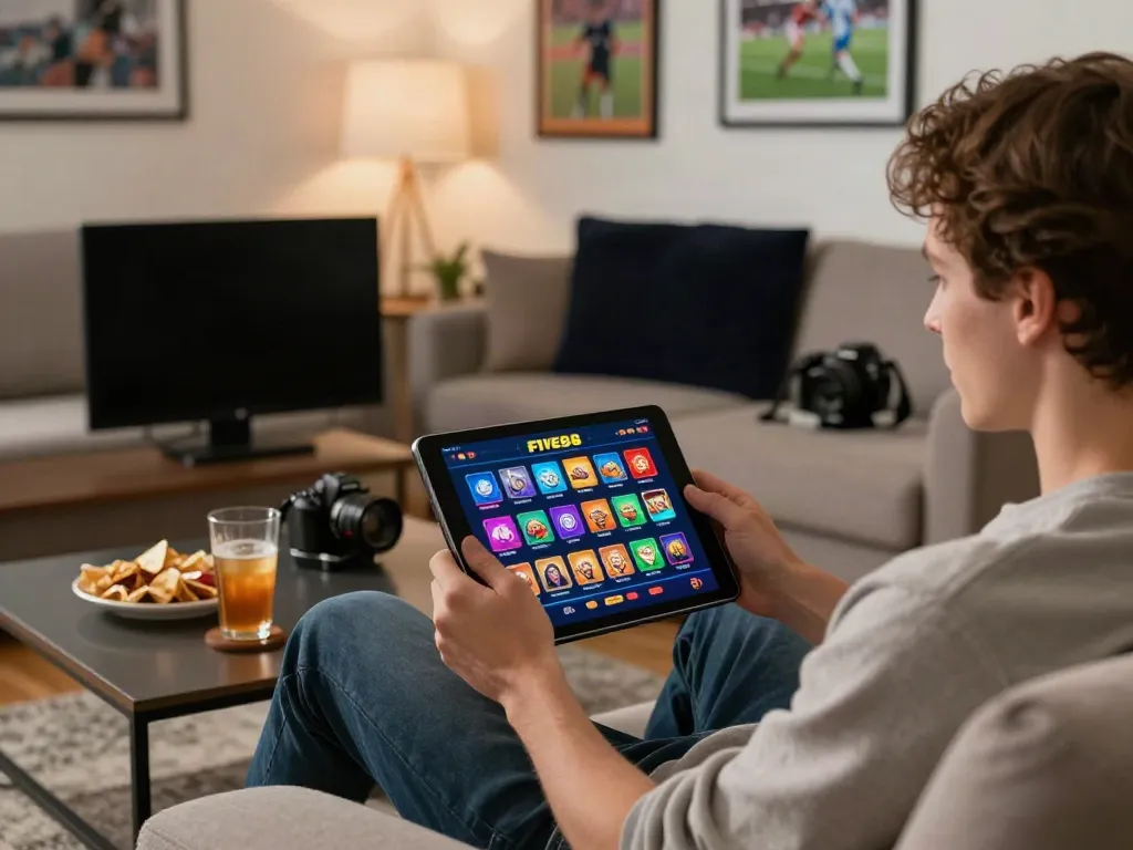 Engaging online gaming moment showcasing FIVE88 platform on tablet.