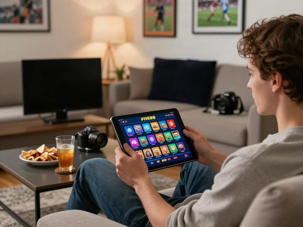 Engaging online gaming moment showcasing FIVE88 platform on tablet.