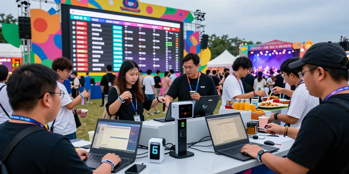 Event management control system showcasing efficient access management with control de acceso con pulseras technology, vibrant festival atmosphere.