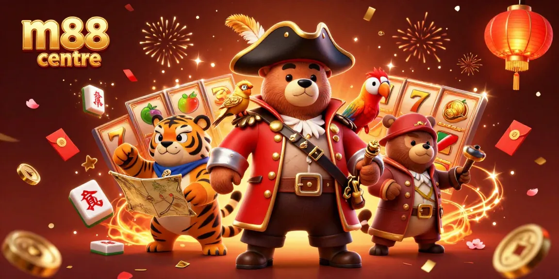 Engage in thrilling gaming experiences at m88 center with exciting slot reels and festive casino elements.