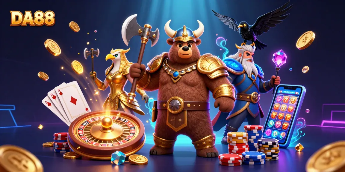 Win big with DA88 as vibrant characters and casino elements fill a dynamic scene