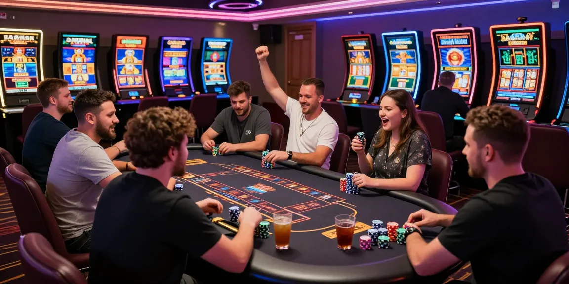 Experience the exciting atmosphere of credit card casinos UK with players enjoying gaming and vibrant neon lights.