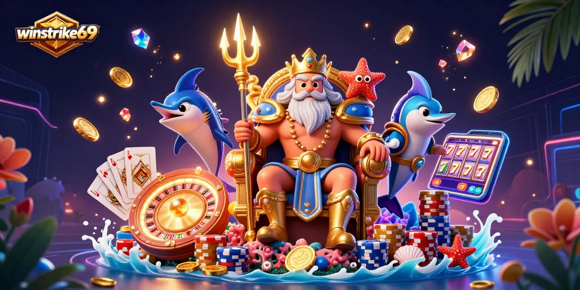 Winstrike69 illuminates a vibrant 3D casino scene with Neptune, gold coins, and roulette.