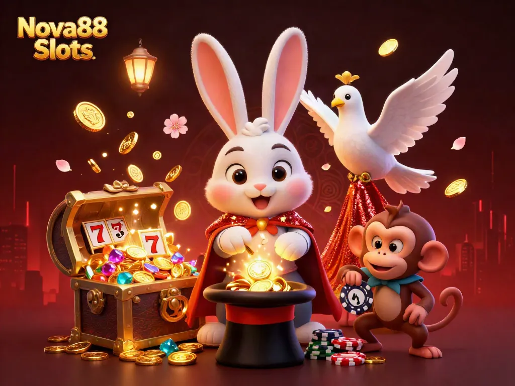 Engage with thrilling Nova88 Slots action featuring a magician rabbit, dove, and playful monkey.