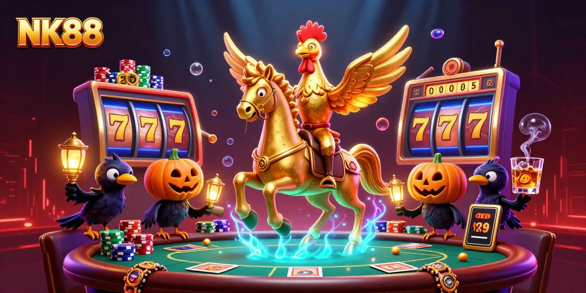 Join the action at NK88's vibrant casino scene with a golden rooster over jackpot slots.