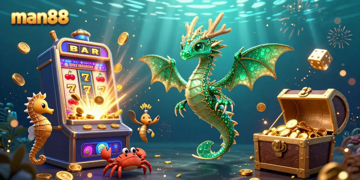 Experience the thrill of man88 with this vibrant 3D casino illustration featuring slots and treasure!