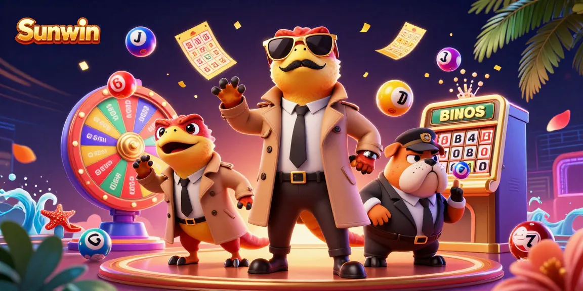 Sunwin features three raptors in disguise at a casino, amidst colorful lottery and bingo elements.