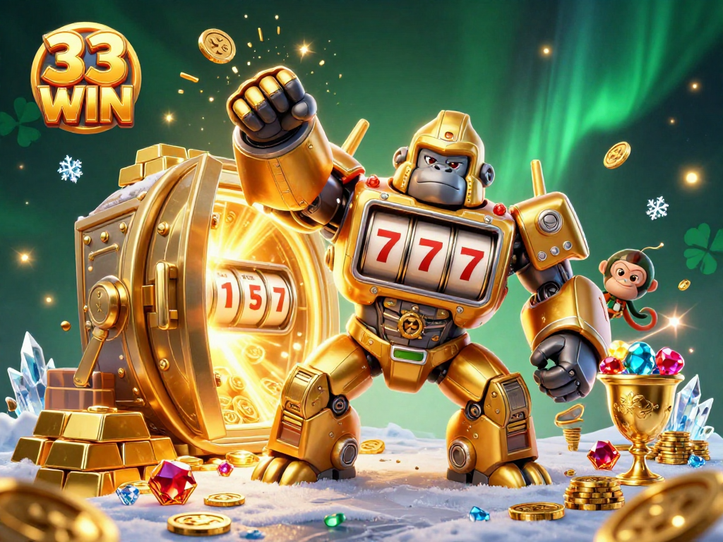 Experience the thrill of 33 WIN with a golden gorilla mech and dazzling treasures bursting with excitement.