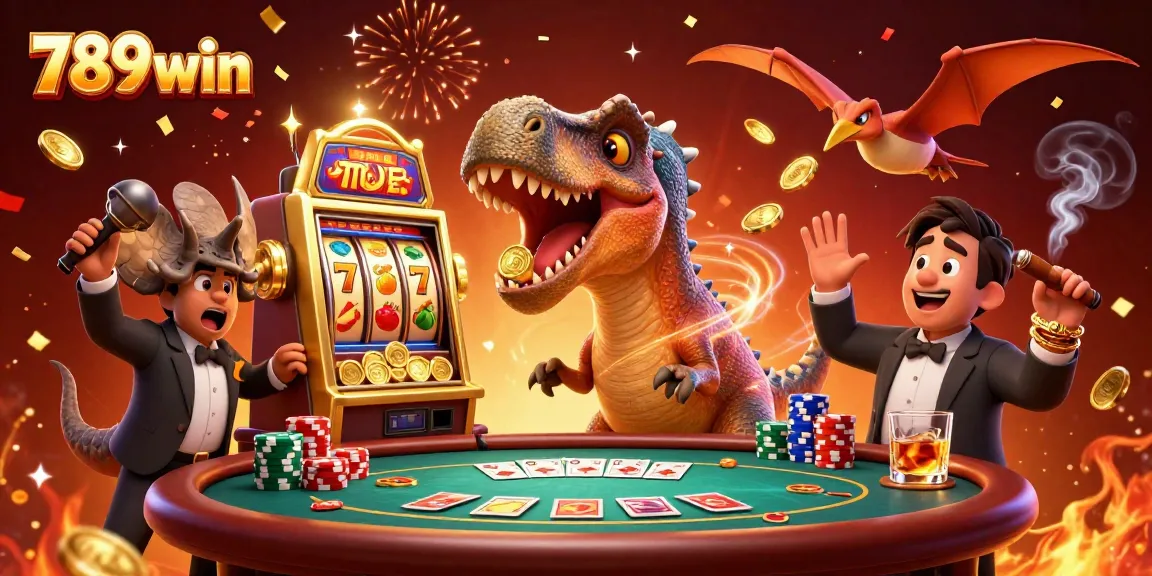 Experience the thrill of 789win as a dinosaur hits a golden slot machine, winning coins!