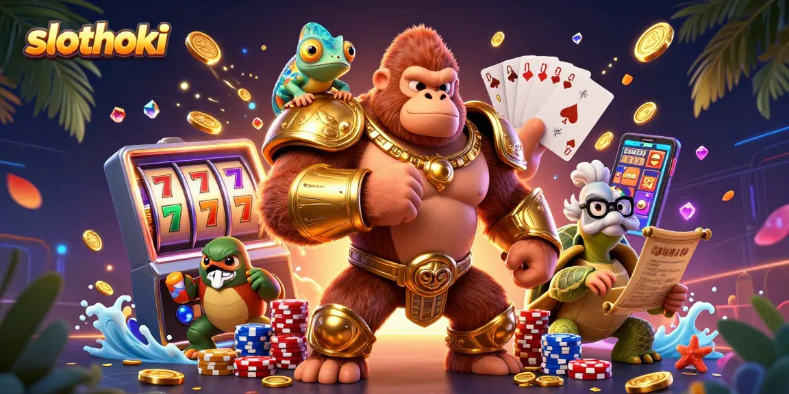 Slothoki menampilkan gorila raja yang kuat dalam armor emas, memikat pemain slot yang beruntung.