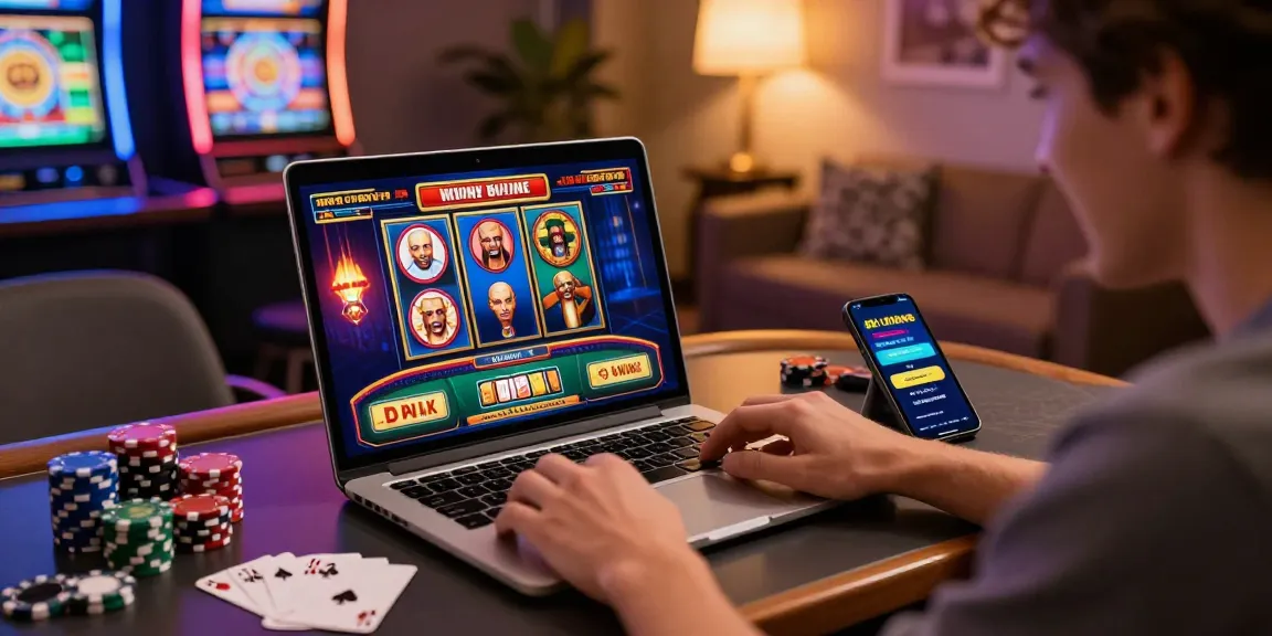 Giocatore nei casinò online non AAMS che si diverte a vincere, circondato da slot machine e un ambiente accogliente.