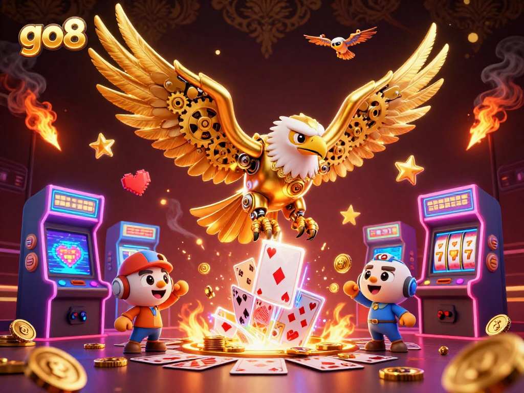 Experience the excitement of go8 with a cybernetic golden eagle diving through gaming excitement.