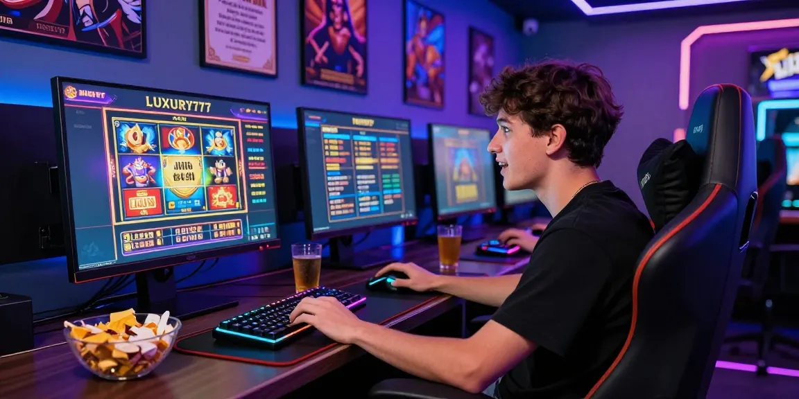 Pemain terpesona menjelajahi platform LUXURY777 dengan laptopnya dalam suasana gaming yang dinamis.