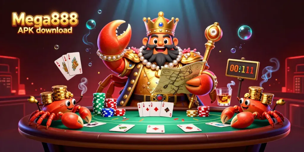 Engage in Mega888 APK download with a vibrant casino scene featuring a golden crab and poker elements.