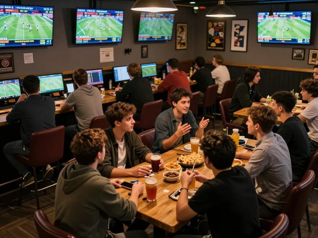Nhà cái 78WIN showing friends engaged in sports betting at a lively sports bar with multiple screens.