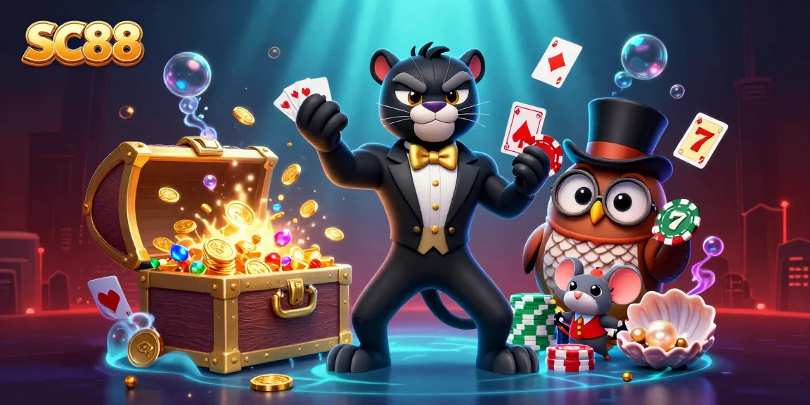 SC88 showcases an elegant black panther dealer in a casino scene, surrounded by playful characters and vibrant game elements.