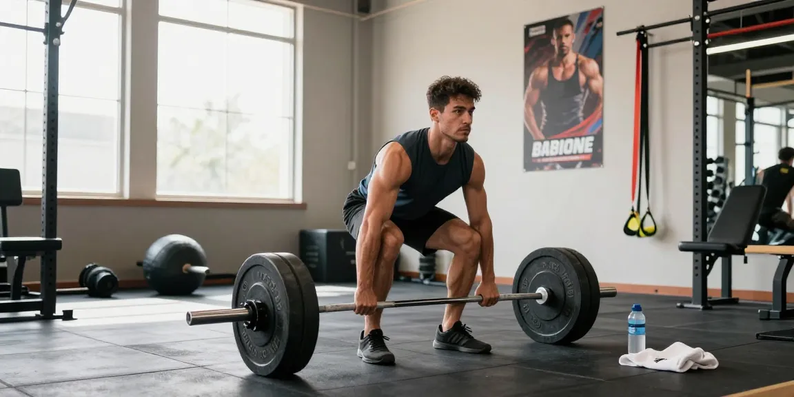 Dynamische Fitnessszene mit einem fitnessorientierten Athleten, der Gewichte im Steroidshop hebt.